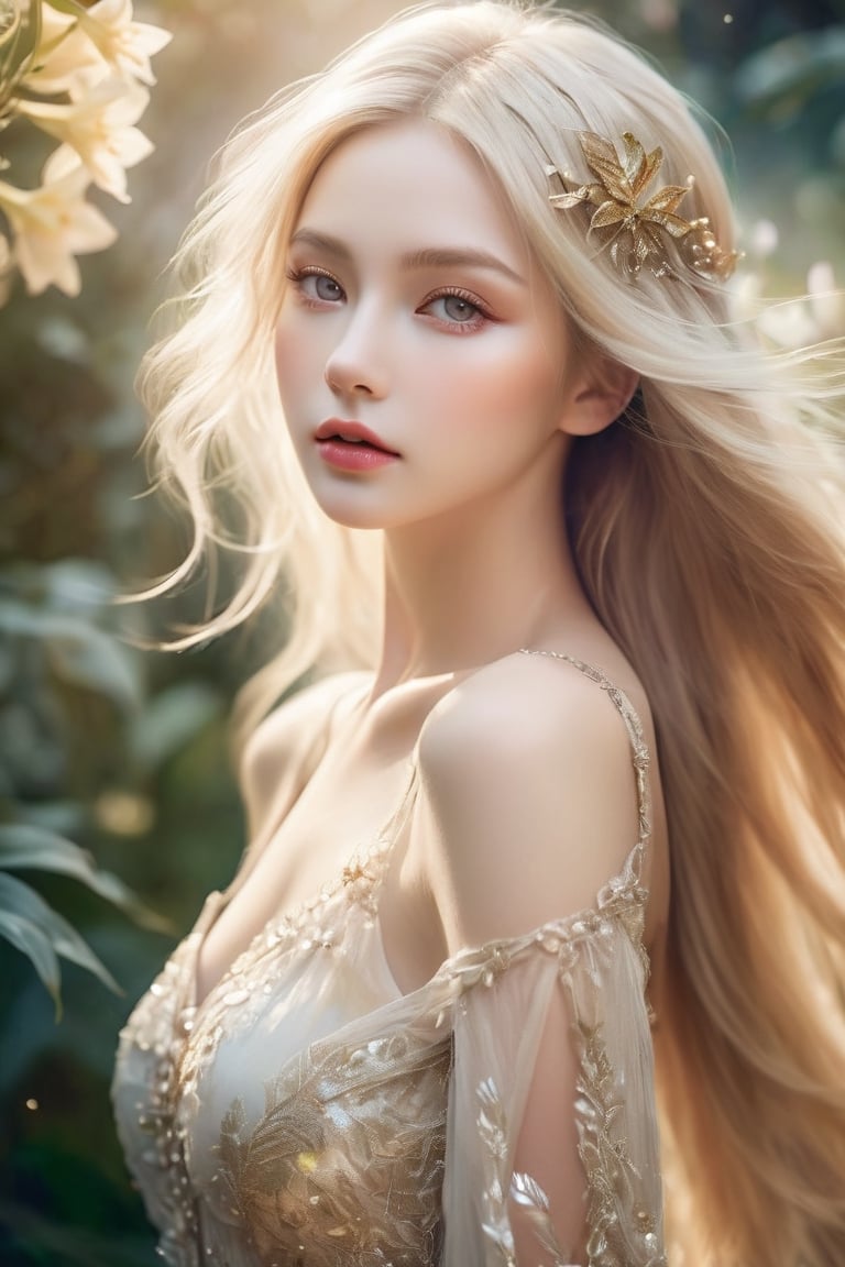 award-winning photography, hyperrealistic, fairytale princess, ethereal glamorous face, earth tone eyeshadow, (giltter eye makeup):1.2, cast spell, (sacred magic circle):1.35, holy light, blonde long hair, marvelous beauty radiating from the face, perfect model body, raw photo, translucent appearance, concept art style, in a garden of lilium