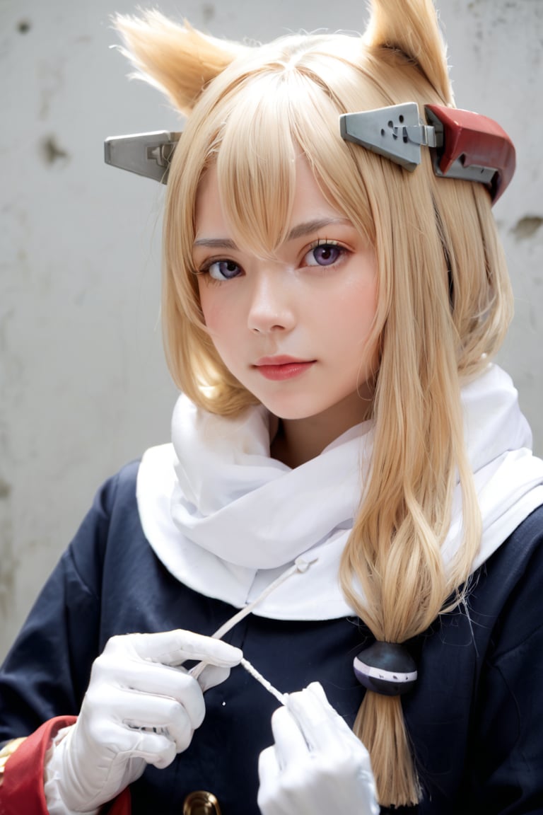 1girl, an anime-like japanese girl, half body shot, warspite \(azur lane\), blonde hair, long hair, purple eyes, sidelocks, headgear, scarf, white gloves, score_9, score_8_up, score_7_up, source_photo, source_anime, photography, realistic, hyperrealistic, ultrarealistic, ulzzang, absurdres
 