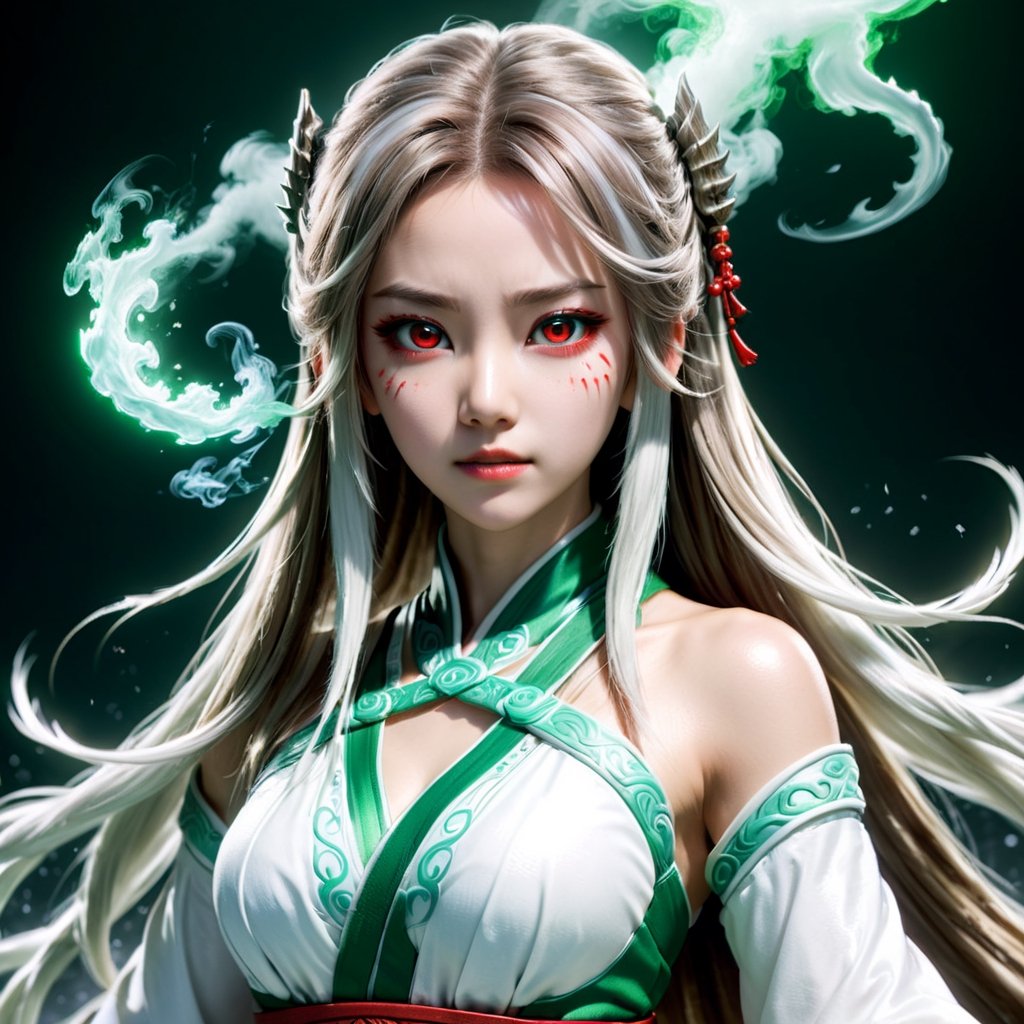 view_from_distance, the most beautiful miko in the world, looking at viewer, extremely high quality, (photorealistic:1.3), transculent appearance, glowing red eye, light brown eyeshadow, porcelain skin, japanese white miko clothing with exquisite and complicated green lines as decoration, white long hair, smoke, smoke effect, high definition, ice magic background, chiaroscuro,more detail XL,GUILD WARS, winter background