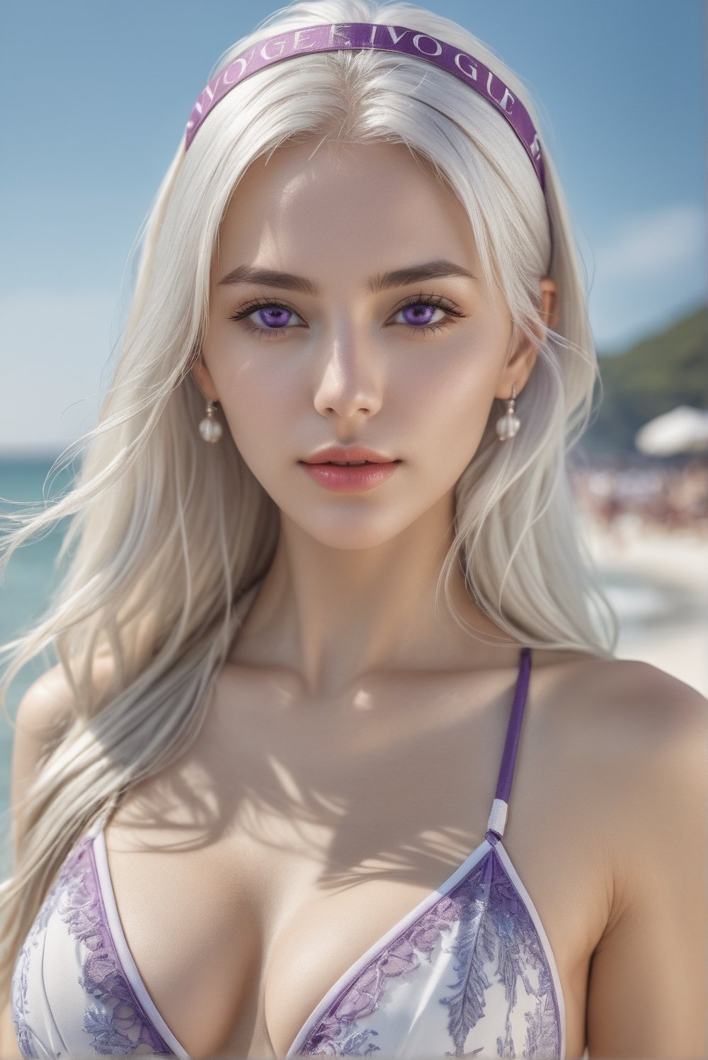 1girl, solo, long hair, white hair, (purple eyes):1.2, bikini, hairband, hyperrealistic:1.2, realistic, raw photo, vogue magazine cover, medium shot, award-winning photo, hd 8k, high resolution, perfect detail, intricate detail, mesmerizing composition, depth of field, viewed from below, glamorous beautiful face, profound facial features, selling ice cream, lighting upon face, soft bokeh, beautiful beach, reflective ocean, photo_b00ster