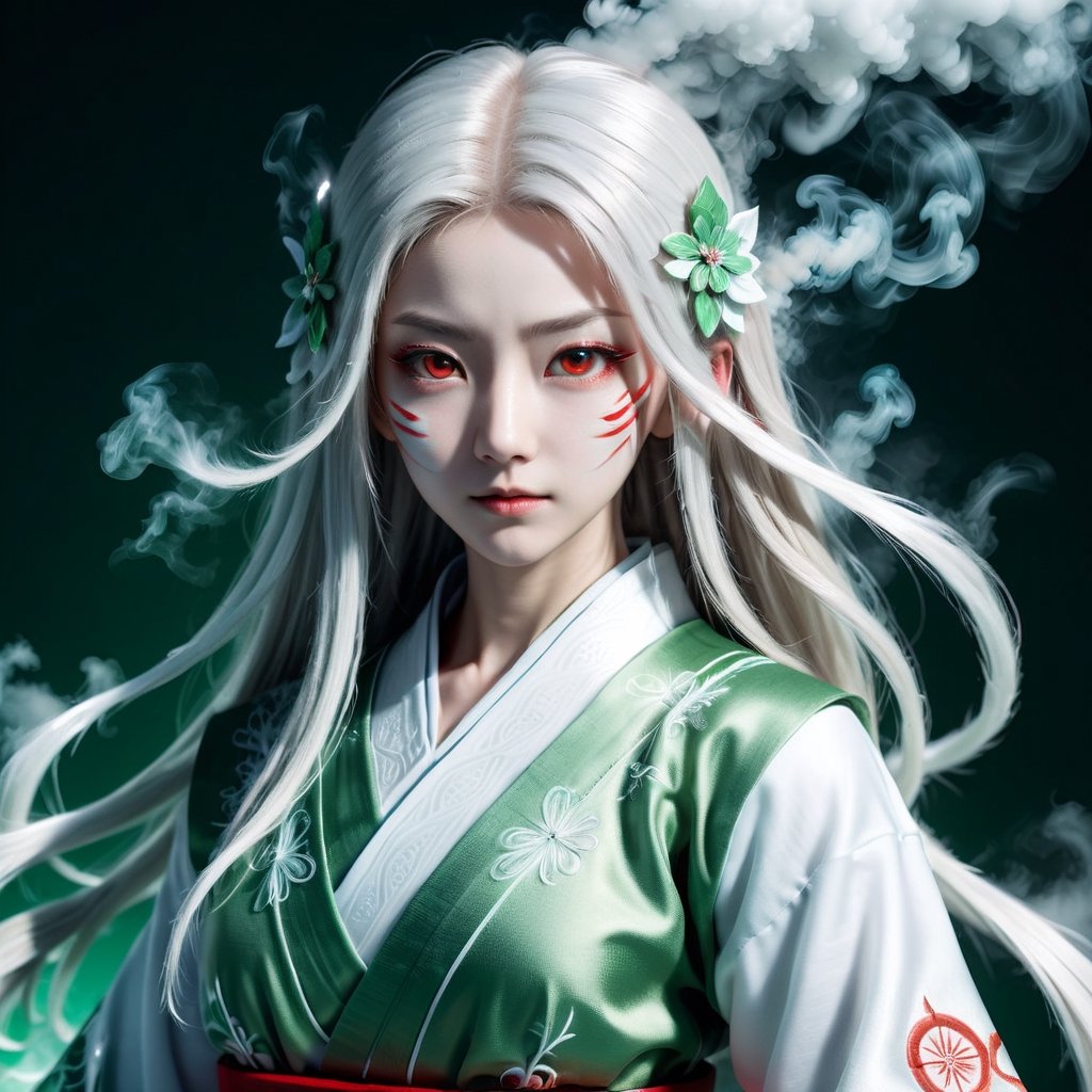 view_from_distance, the most beautiful miko in the world, looking at viewer, extremely high quality, (photorealistic:1.3), transculent appearance, glowing red eye, light brown eyeshadow, porcelain skin, japanese white miko clothing with exquisite and complicated green lines as decoration, white long hair, smoke, smoke effect, high definition, ice magic background, chiaroscuro