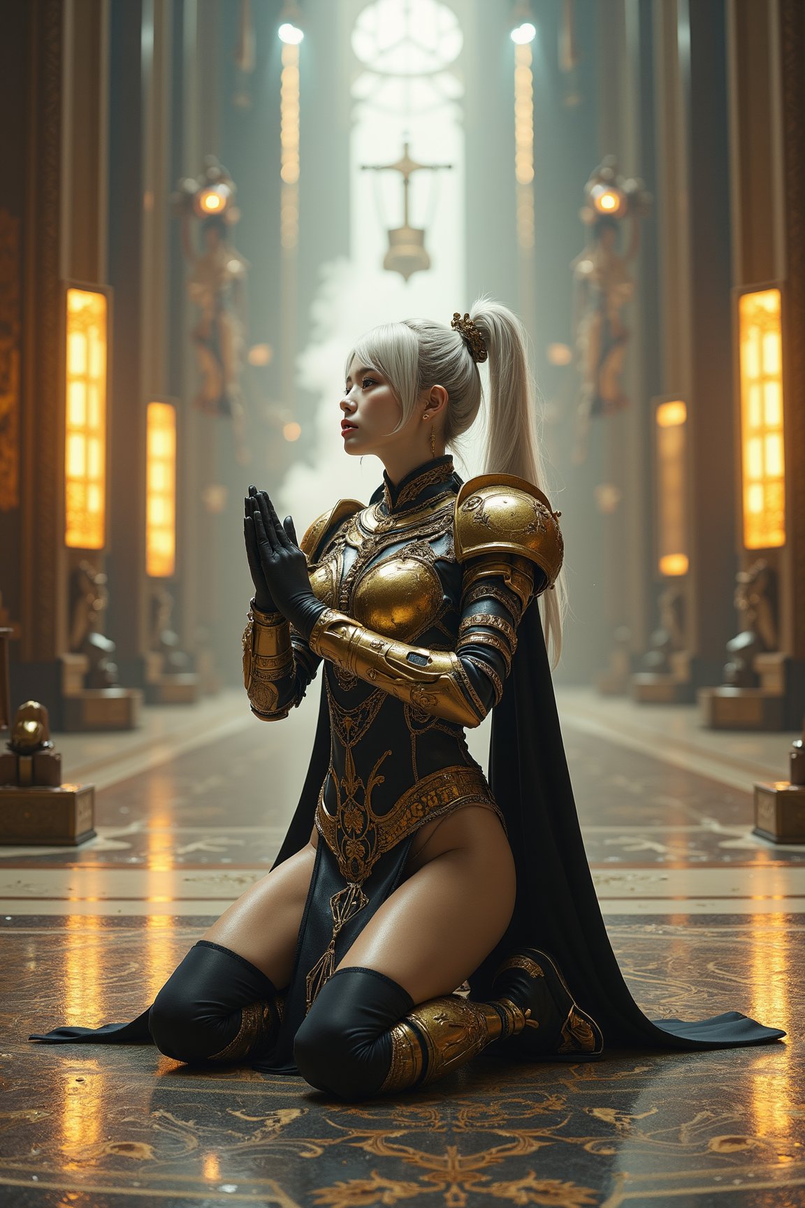 A professional cinematic photography of a breathtakingly beautiful japanese girl cosplaying Adeptus Custodes from Warhammer 40k. The golden exoskeleton power armor is magnificently ornate and intricate and delicately crafted. The lower part of the power armor is a golden high slit skirt inscribed with glowing sacred inscription, revealing her beautiful thigh adorned with black stockings. The armor reflects the metallic texture and the ultimate craftmanship of the human empire  She has an ulzzang appearance with light skin tone and lustry skin texture, accentuating her youthful face. Her hair is white with a hairstyle composed of high ponytail and bangs. She is kneeling down on one knee and praying with dedication in middle of a cathedral. The floored is decorated with imperium aquila. A radiating light halo above her head. The scene reflects a sacred and serene atmosphere. The room is filled with the smoke of censer, reflecting the light. Enhanced all, FuturEvoLabArmor