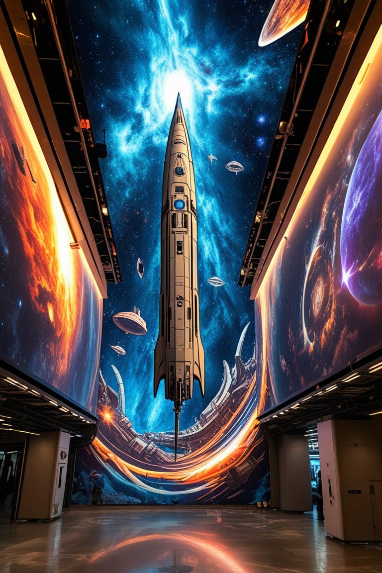 A mural depicting a hightech space ship wrapped with blasphemy design is appearing in the galaxy, from a magnificent slit of the subspace. The space ship is a masterpiece of the chaos and alien, carved with symbols of evil