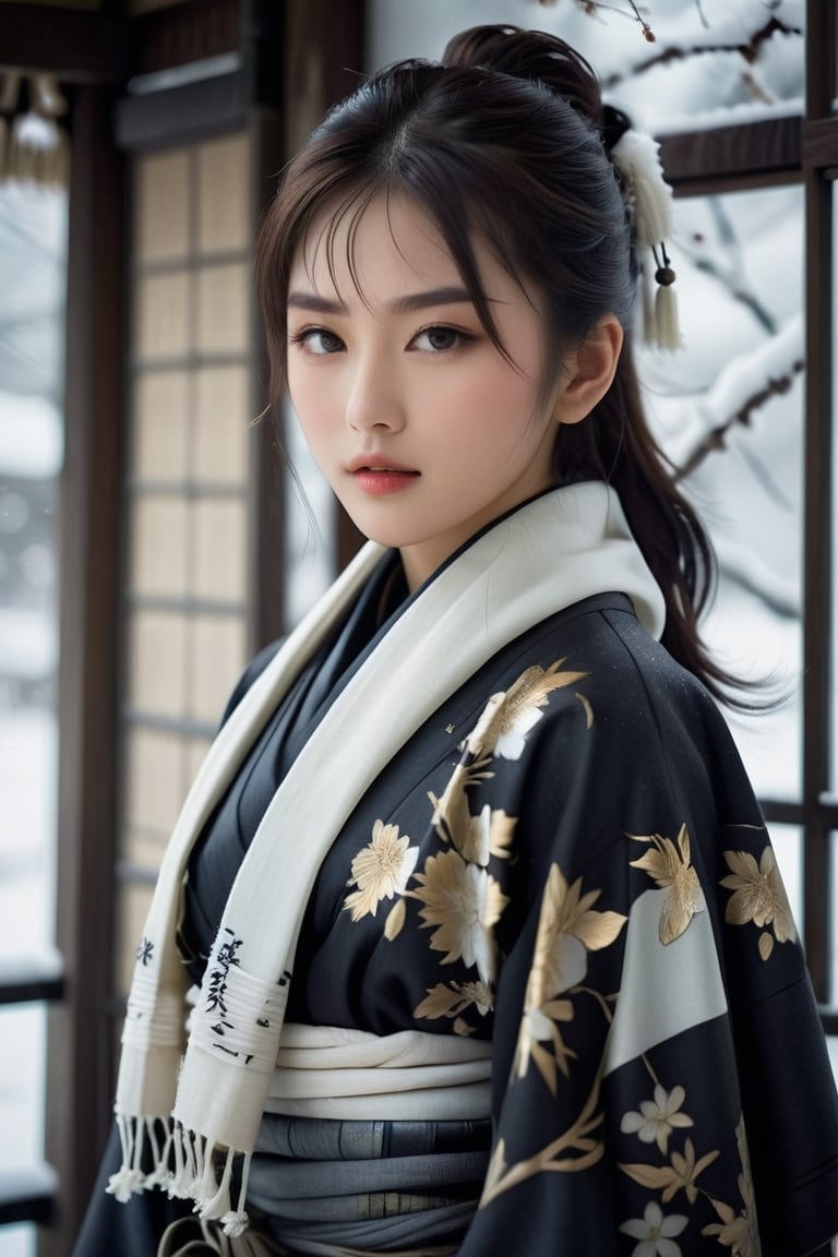 award-winning photography, full body shot, hyperrealistic, a 17-years-old breathtakingly glamorous japanese idol, a ethereal breathtaklingly beautiful face, black ponytail, profound facial features, porcelain skin, perfect model body, concept art style, sumptuous black military winter long coat, (white scarf):1.3, bold design fusioned with Shogunate style, elements of traditional japanese Ronin, photo_b00ster