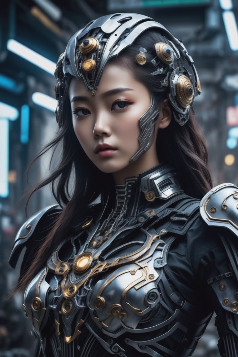 epic cyberpunk battle field theme, medium shot with high view angle, ultra-wide-angle-lens, award-winning photography, hyperrealistic, a 15-years-old breathtakingly beautiful korean girl, ethereal glamorous face, external skeleton mechanical armor, heavy armor, champion of the galaxy, cyber eyes, in a xeno battle field, nulear fusion reactor in the chest, aging treatment on the image, cyborg style, cinematic lighting, black smoke