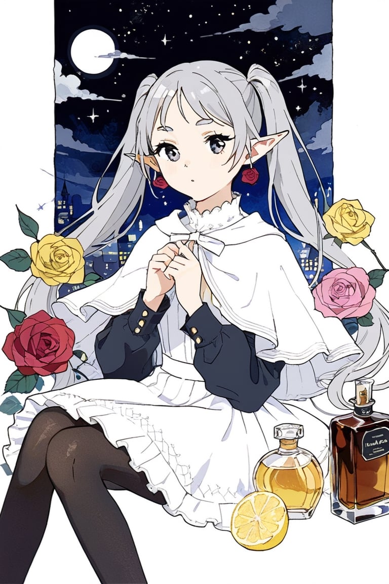 An illustration for a France perfume advertisement, 1girl, frieren, pointy ears, elf, earrings, twintails, parted bangs, grey hair, thick eyebrows, masterpiece, white capelet with long sleeves, black pantyhose and brown boots, best quality, color vivid, alcohol int art, upper body, a decent scent as a mixture of rose, lemon. aesthetic