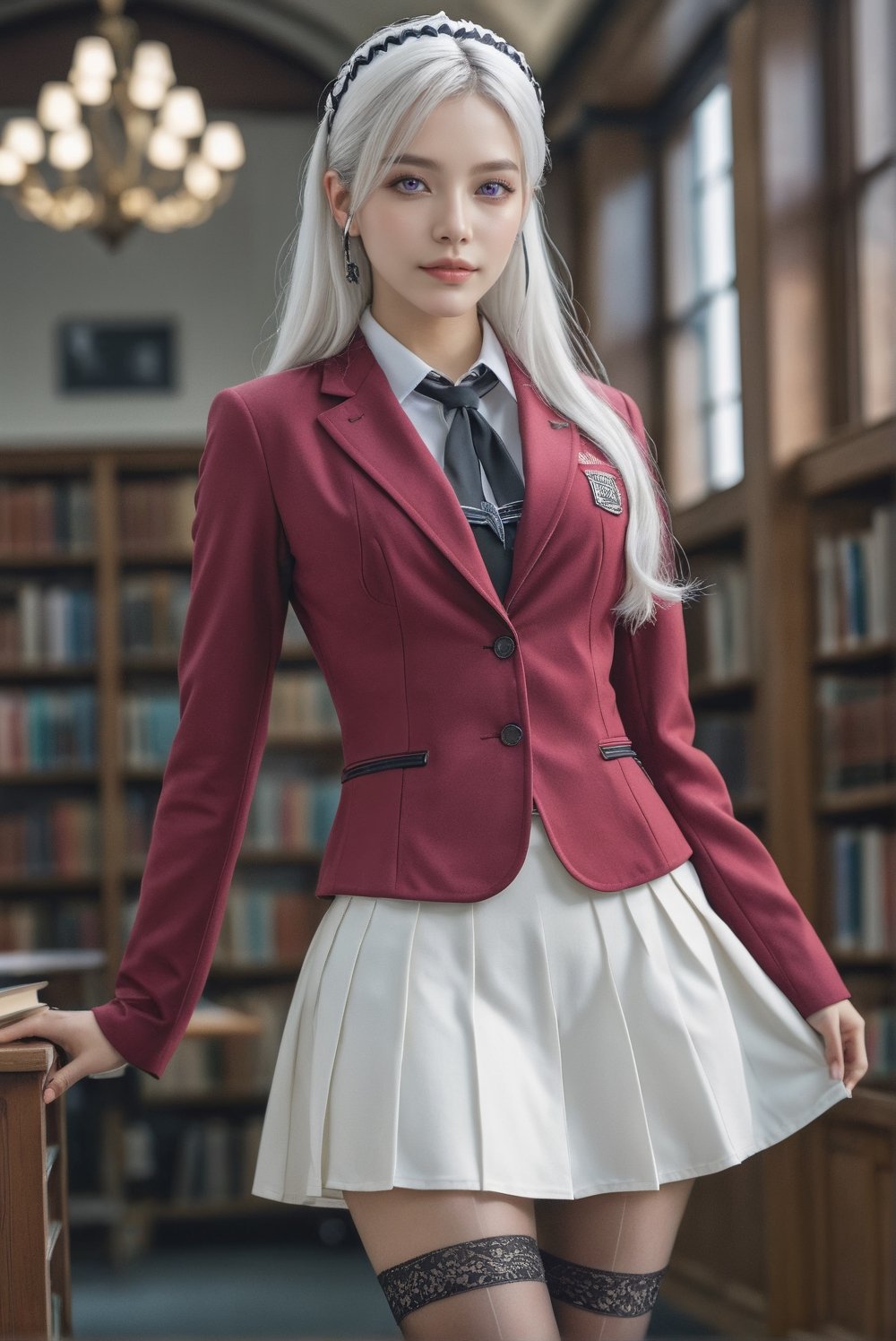 1girl, solo, long hair, white hair, purple eyes, school uniform, red jacket, black rose pantyhose, white pleated skirt, hairband, hyperrealistic:1.2, realistic, raw photo, vogue magazine cover, award-winning photo, hd 8k, high resolution, perfect detail, intricate detail, mesmerizing composition, depth of field, viewed from below, glamorous beautiful face, profound facial features, studying in library, lighting upon face, soft bokeh, minimalism background, photo_b00ster