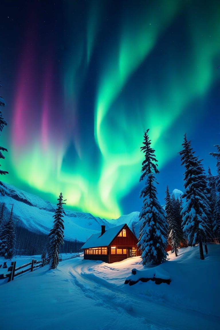 a mural depicting northern light in a cold winter, ek_game_3ffect