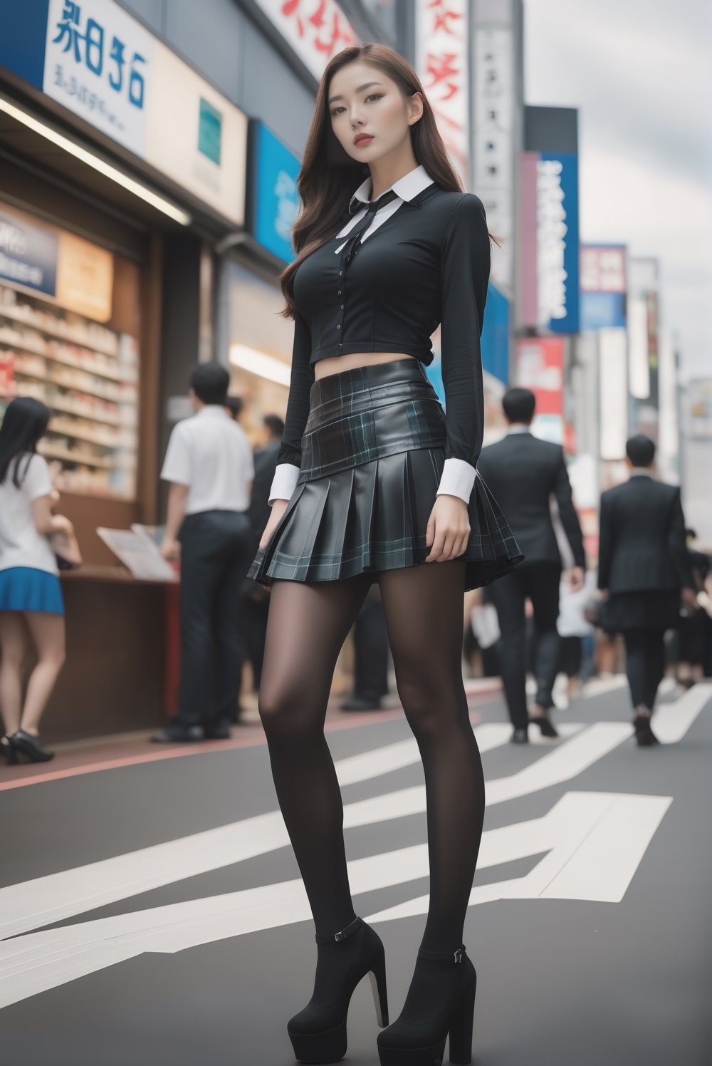 vogue cover, (full body shot) with low view angle, ultra_wide_angle lens, hyperrealistic:1.4, a 15-years-old astonishingly gorgeous girl wearing (platform gothic high heel):1.1), (ethereal beautiful face):1.4, (perfect face):1.1, walking in a Akihabara, black business shirt, kilt miniskirt, (black leggings):1.4, attractive body, a sexy secretary, perfect model body, award-winning photography