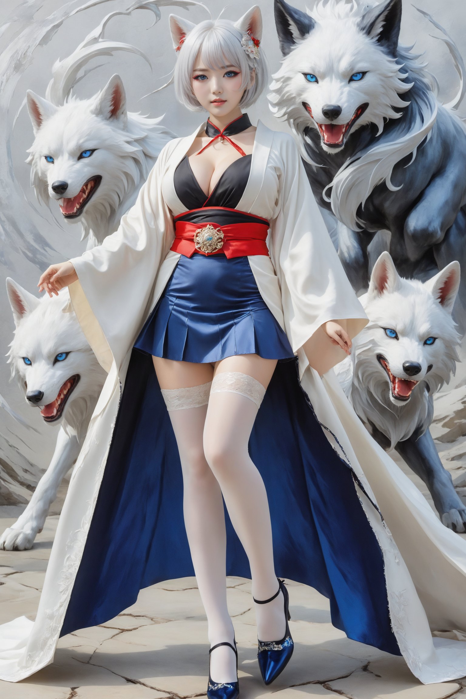 Kaga, short white hair, blue eyes, animal ear, red eyeliner, choker, black dress skirt, obi, a long white cloak designed with kimono aesthetic,  cowboy shot, from below. A 17-years-old ethereal and breathtakingly glamorous japanese idol, captative beautiful face, perfect busty model body, beautiful long legs, emanating irresistible sexual attractiveness, alluring atmosphere, ((white stockings)), standing next to a white fenrir, masterpiece, best quality, official art, impasto art style, art_booster