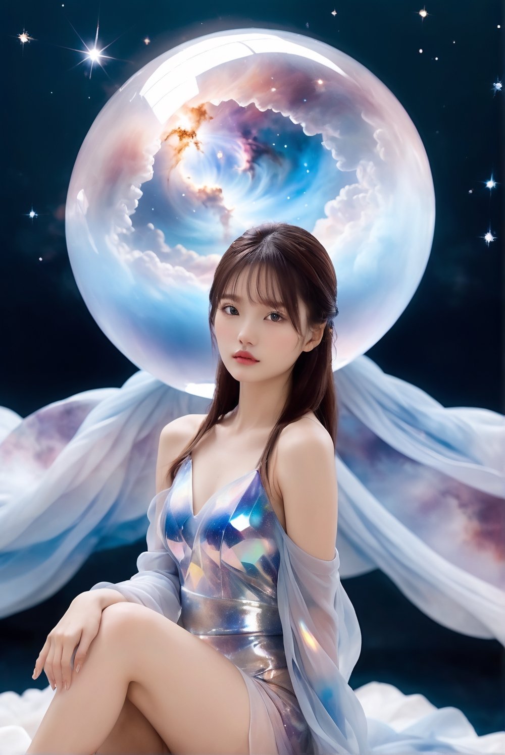 award-winning photography, ichika, Carina Nebula in a crystal ball in front of her chest, galaxy in the background, hyperrealistic, the picture highlight the surreal beauty of ichika, 