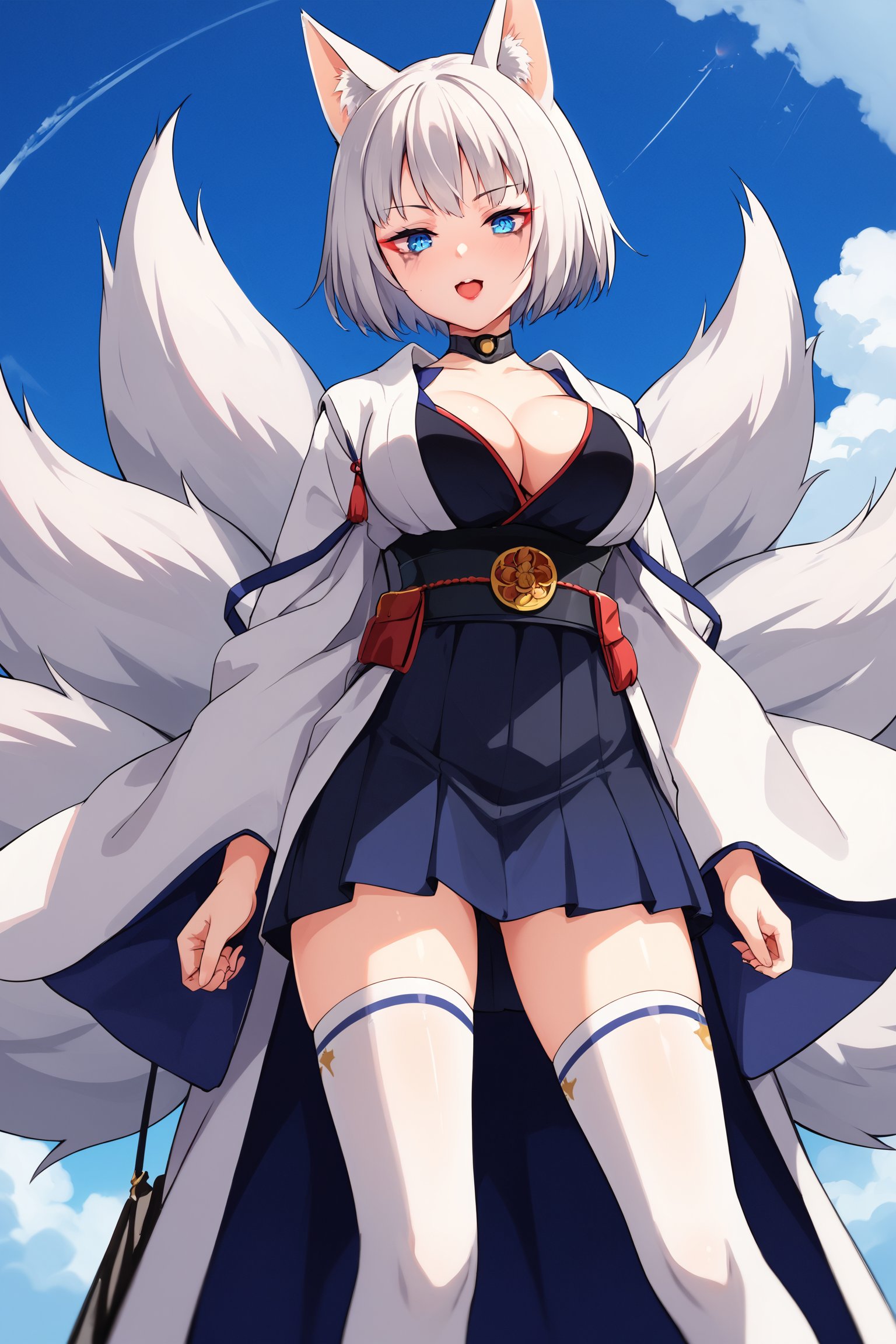 Kaga, short white hair, blue eyes, animal ear, red eyeliner, choker, black dress skirt, obi, a long white cloak designed with kimono aesthetic,  cowboy shot, viewed from below. A 17-years-old ethereal and breathtakingly glamorous japanese idol, captative beautiful face, perfect busty model body, beautiful long legs, emanating irresistible sexual attractiveness, alluring atmosphere, ((white stockings)), multi_tails, standing next to a giant white wolf, score_9, score_8_up, score_7_up