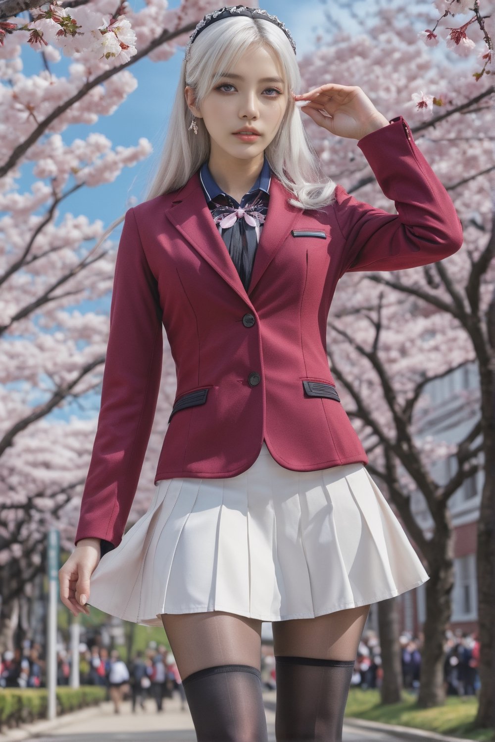 1girl, long hair, white hair, purple eyes, school uniform, red jacket, black pantyhose, white pleated skirt, hairband, cherry blossom, hyperrealistic, raw photo, vogue magazine cover, award-winning photo, hd 8k, high resolution, perfect detail, intricate detail, mesmerizing, depth of field, viewed from below, glamorous beautiful face, photo_b00ster