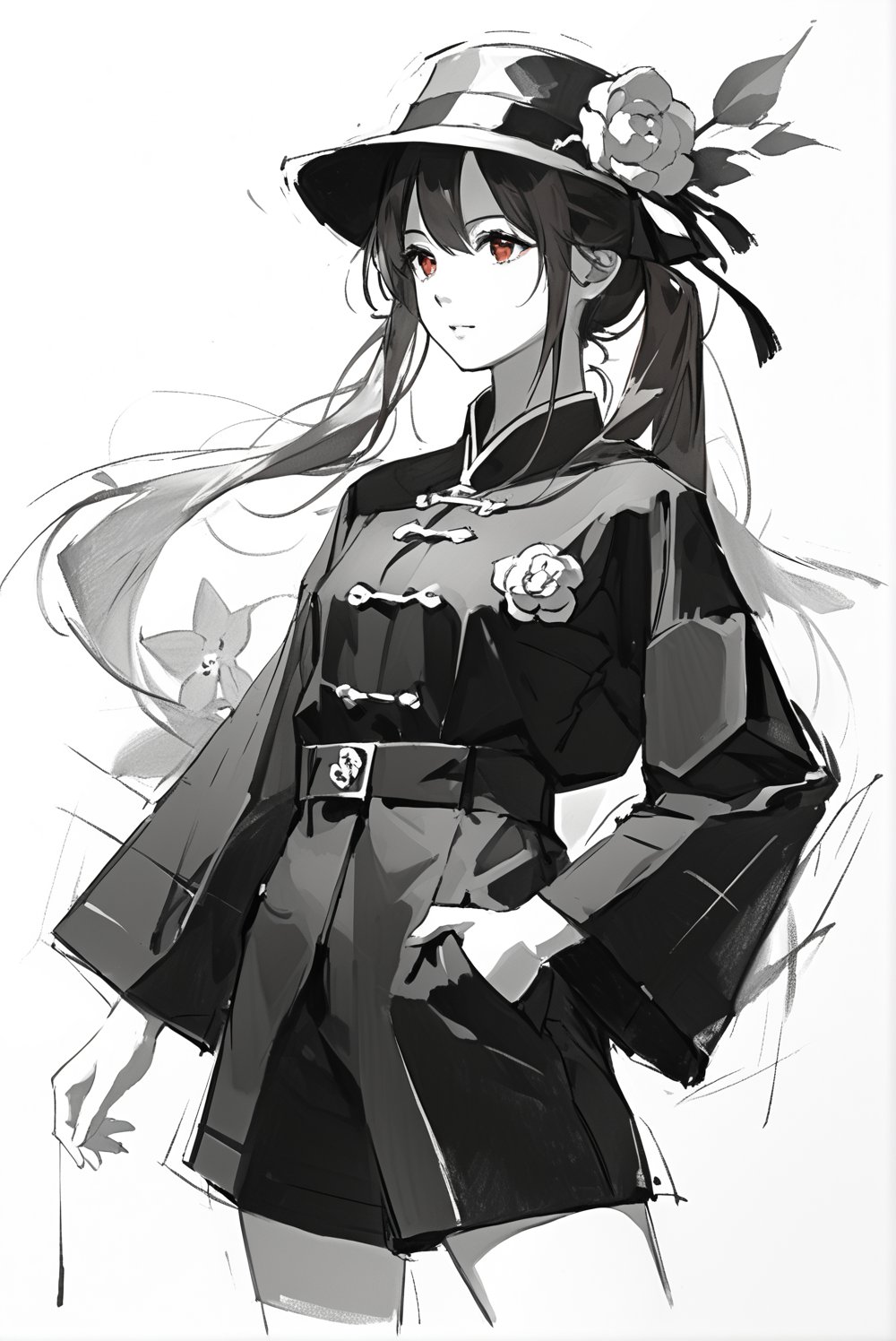 score_9, score_8_up, score_7_up, cowboy shot, from below, hutao, long hair, bangs, brown hair, red eyes, hair between eyes, twintails, sidelocks, symbol-shaped pupils, long sleeves, hat, jewelry, flower, shorts, wide sleeves, coat, black chinese clothes, black shorts, ring, hat ornament, hat flower, pencil sketch, masterpiece, monochrome, greyscale, charcoal \(medium\)