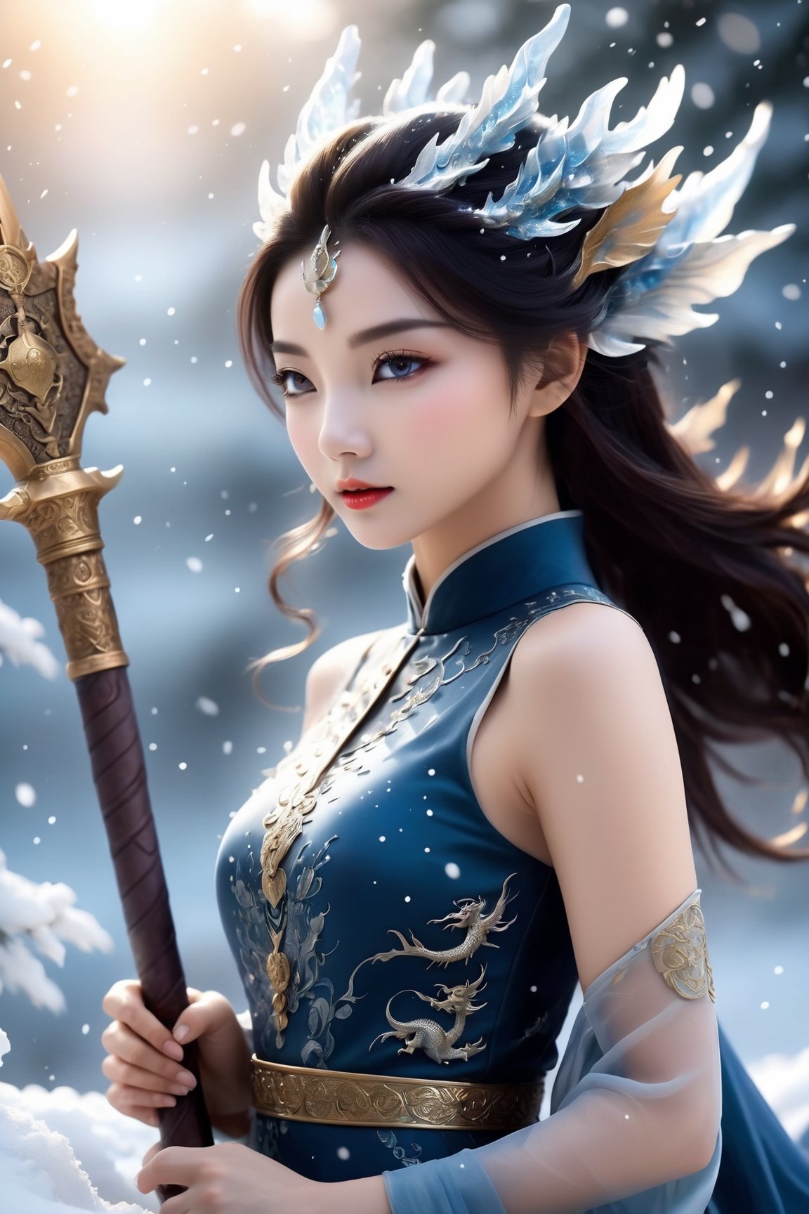 (full body shot):1.2, viewed from bottom, masterpiece, high quality, photorealistic:1.13, raw photo, (bright eyes):1.02, (symmetric face):1.05, a breathtakingly beautiful dragon queen carrying a war hammer, (war hammer):1.4, wearing tight navy chinese cheongsam covered with dragon skin, ethereal glamorous caucasian face, ((pronounced facial features):1.15, exquisite crown with delicated decorations, Dragon, winter, snow falling