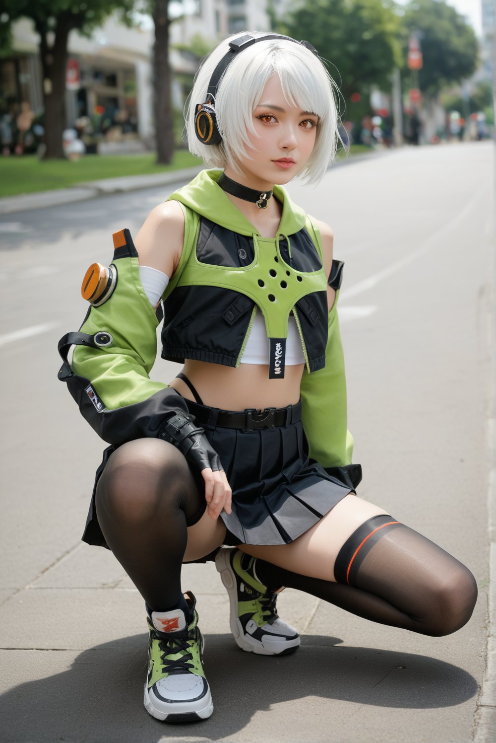 1girl, solo, an anime-like beautiful japanese girl, anby, short hair, white hair, orange eyes, headphones, choker, green jacket, crop top, midriff, detached sleeves, long sleeves, puffy sleeves, miniskirt, pleated skirt, black skirt, highleg panties, belt, fingerless gloves, black thighhighs, thigh strap, sneakers, feminine, score_9, score_8_up, score_7_up, source_photo, source_anime, ((photography, realistic, hyperrealistic, ultrarealistic)), ulzzang, absurdres, a mesmerizing beautiful face, depth of field, bokeh, blurry background, fantasy background, one knee