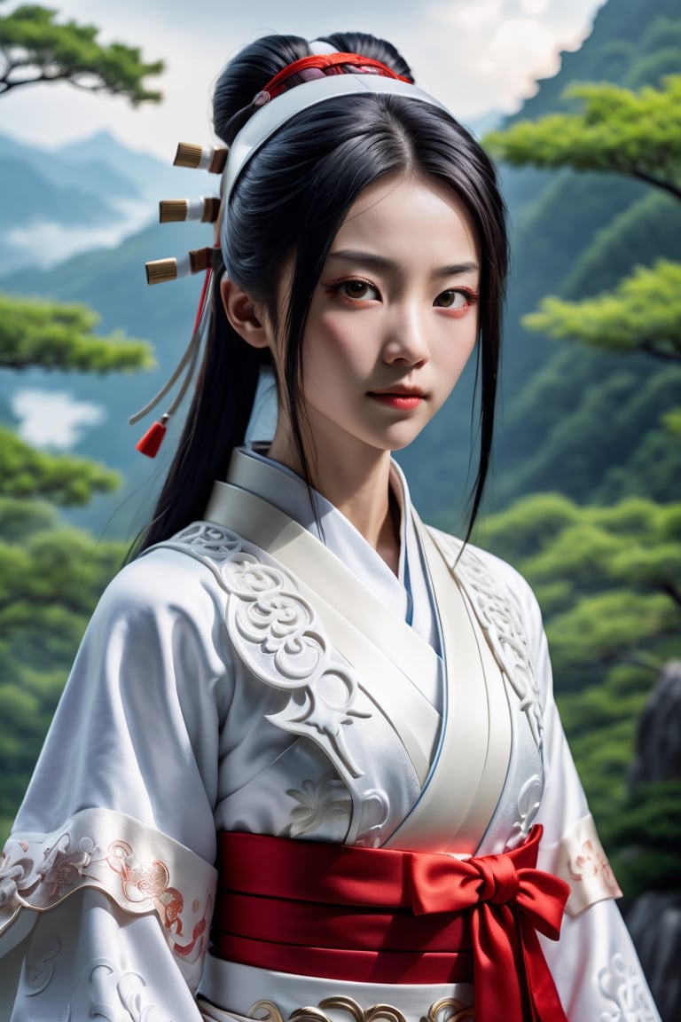 view_from_distance, the most beautiful miko in the world, looking at viewer, extremely high quality, (photorealistic:1.3), porcelain skin, white costume,
high definition, poetic background