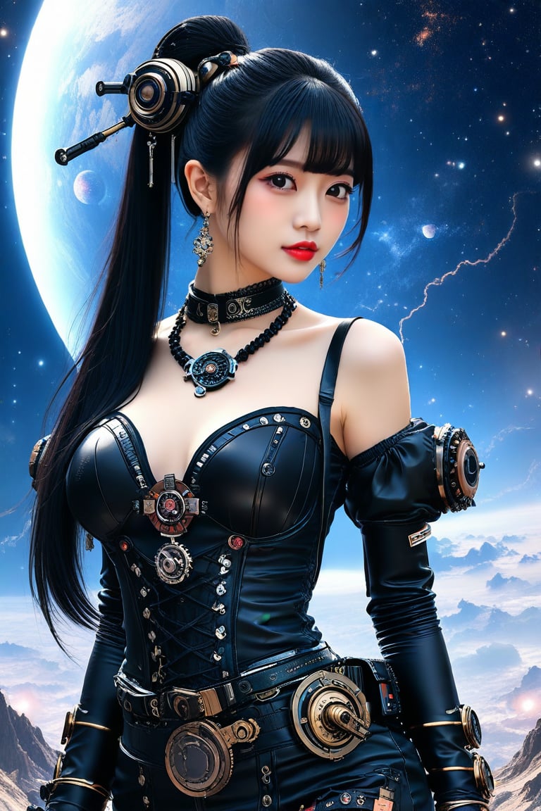 Half body shot. A professional photography of breathtakingly glamorous japanese idol, sexually attractive outfit with a steampunk topic adorned with mechanical head ornament and necklace. A youthful face, featured with porcelain skin tone and lustry skin texture, emanating a mesmerizing beauty. in the outer space with milky galaxy as the background, a very beautiful galaxy in the sky. black long hair with a high ponytail and bangs. extremely sharp, perfect detail, ultrarealistic, hyperrealistic, feminine, ulzzang, ek_game_3ffect