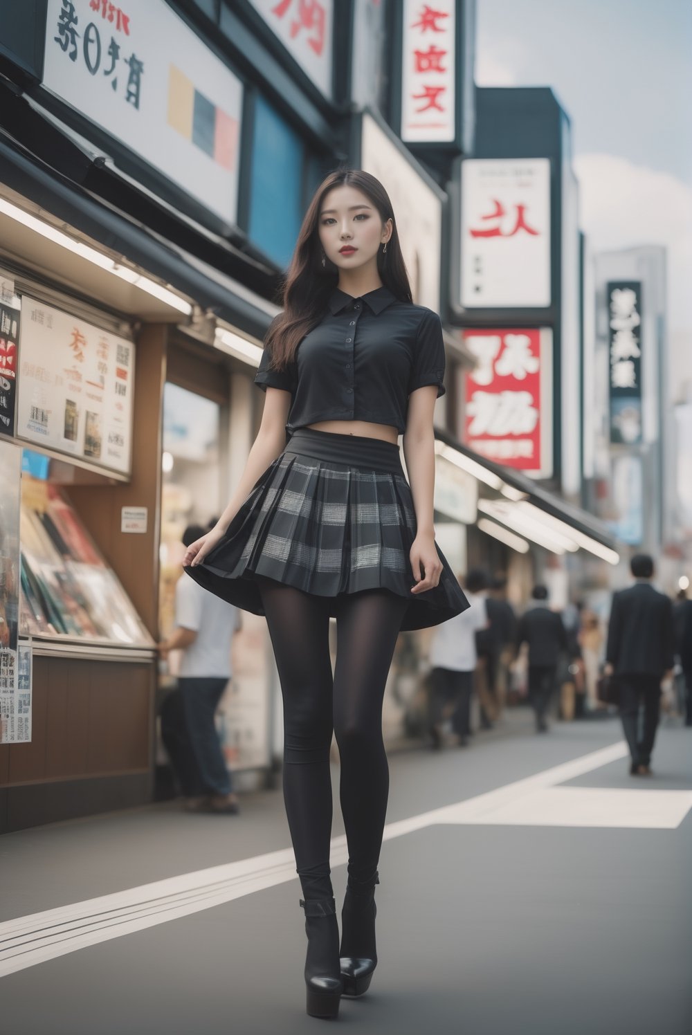 vogue cover, (full body shot) with low view angle, ultra_wide_angle lens, hyperrealistic:1.4, a 15-years-old astonishingly gorgeous girl wearing (platform gothic high heel):1.25), (ethereal beautiful face):1.4, perfect face, walking in a Akihabara, black business shirt, kilt miniskirt, (black leggings):1.4, attractive body, perfect model body, award-winning photography