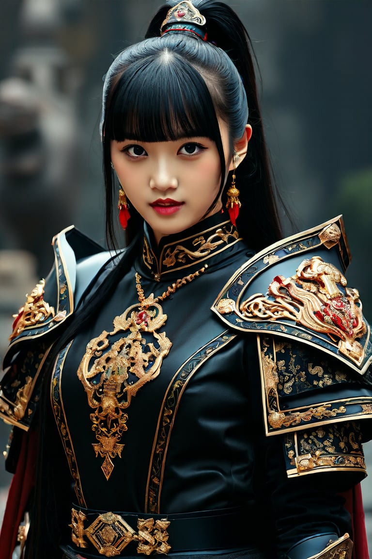 Half body shot. A professional photography of breathtakingly glamorous japanese idol wearing a princess-knight teutonic order outfit, with an exaggerated noir gothic design, gigantic pauldron, and golden sacred inscription. The dramatic lighting accentuates the charm of the girl in a mysterious atmosphere. A youthful face, featured with porcelain skin tone and lustry skin texture, emanating a mesmerizing beauty. black long hair with a high ponytail and bangs. extremely sharp, perfect detail, ultrarealistic, hyperrealistic, feminine, ulzzang, ek_game_3ffect