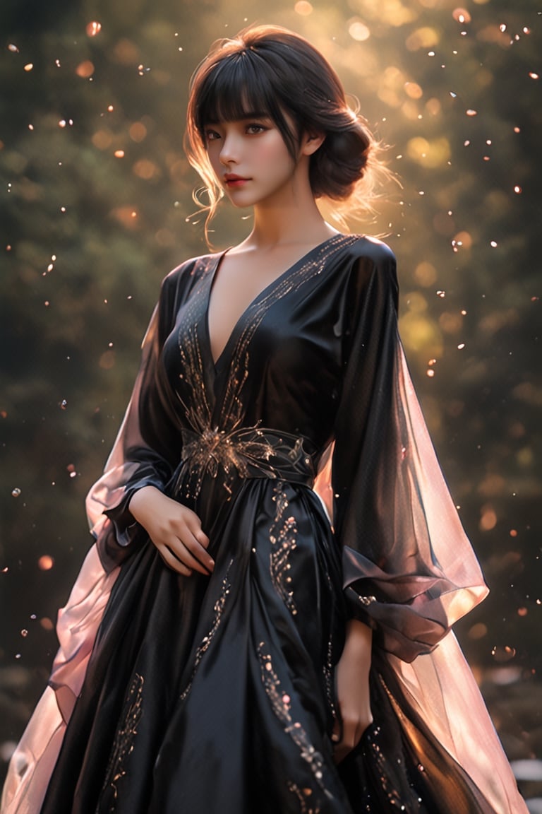 1girl, black smooth korean hair, looking at viewer, bangs, princess like, wtih princess dress, full lenght body, shallows depth of field, dramatic light, perfect composition, 1boy, short korean hair, black robe, hold the princess in his arms, loved each other