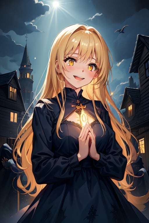 1girl, dark fantasy, blonde hair, yellow eyes, laughing gently
,she wears a tender light blue dress, cute, cute face ,background a light castle and houses from the middle ages, beautiful illuminated light blue sky, there are angels in heaven, she is praying, terror, dark magic