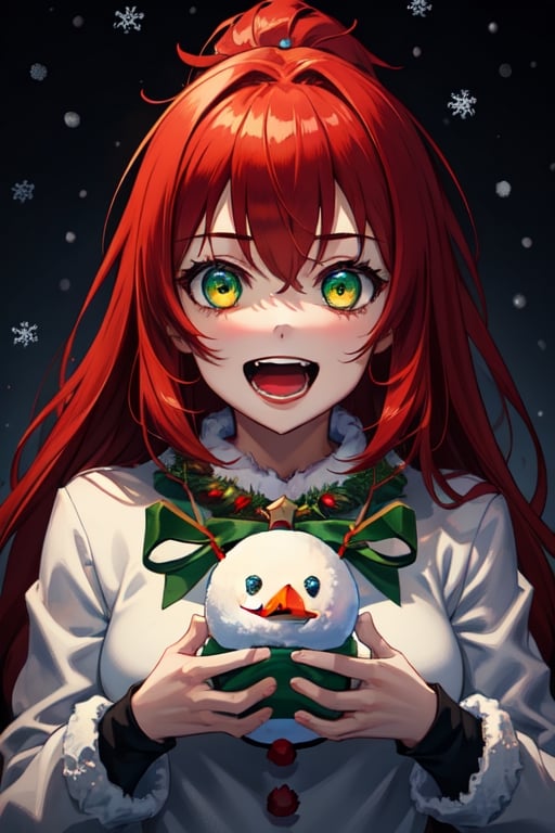 1girl, dark fantasy background terror snow, night, dark sky, red hair, green eyes, cute, christmas necklace, wear christmas clothes,laughing madly, background are a  terror Snowman
looking at the camera,terror, dark magic