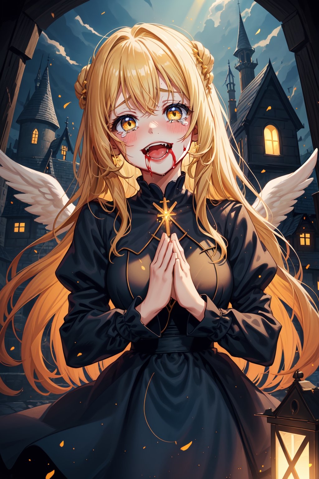 1girl, dark fantasy, blonde hair, yellow eyes, laughing gently
,she wears a tender light blue dress, cute, cute face ,background a light castle and houses from the middle ages, beautiful illuminated light blue sky, there are angels in heaven, she is praying, tears of blood fall from his eyes, terror, dark magic