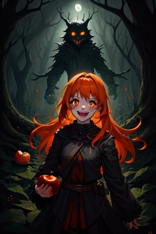 1girl, dark fantasy background terror forest, night, dark sky, orange hair, orange eyes, cute, laughing little, in the background is a terror tree
apple looking at the camera,terror, dark magic