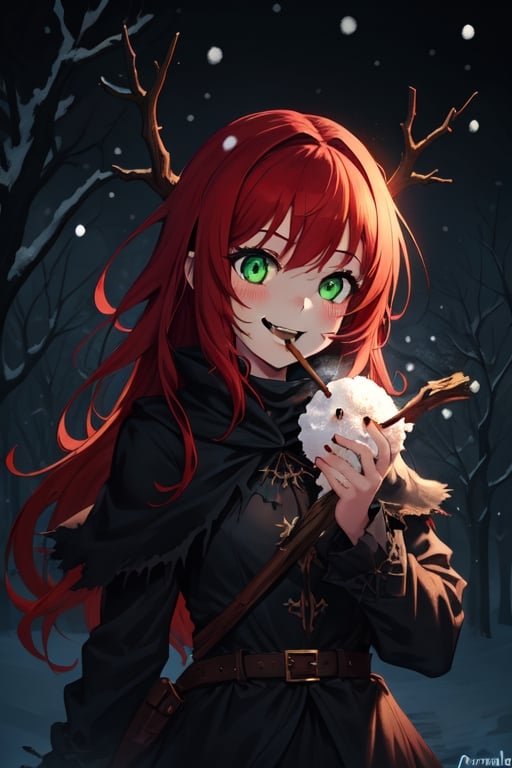 1girl, dark fantasy background terror snow, night, dark sky, red hair, green eyes, cute, laughing little, background are a acaramel stick
looking at the camera,terror, dark magic