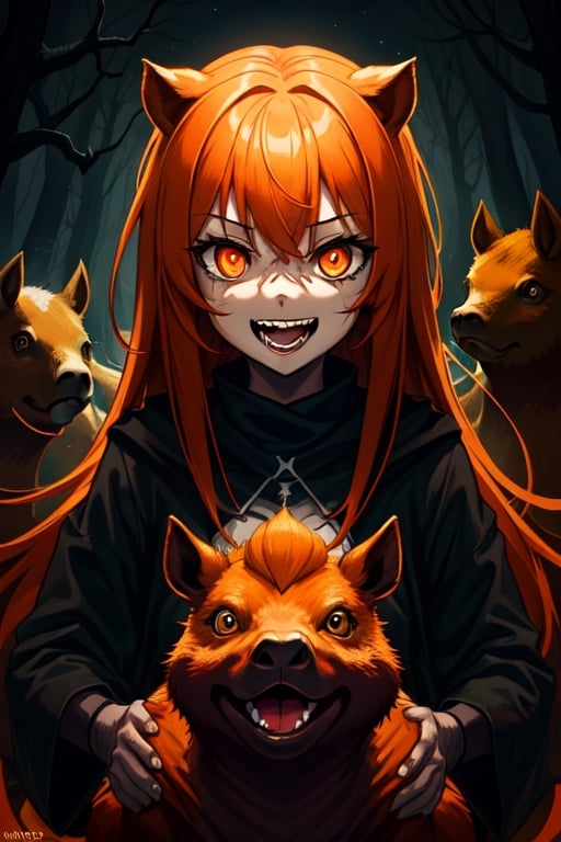 1girl, dark fantasy background terror forest, night, dark sky, orange hair, orange eyes, laughing madly, in the background is a terror capybara looking at the camera,terror, dark magic