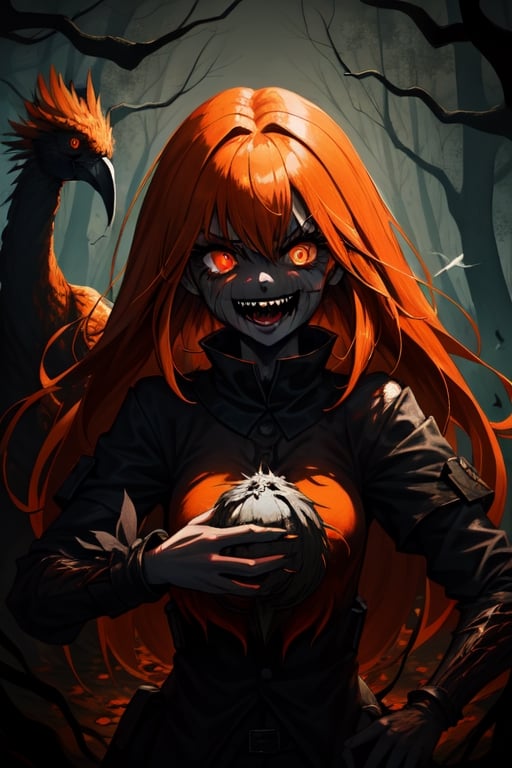 1girl, dark fantasy background terror forest, night, dark sky, orange hair, orange eyes, laughing madly, in the background is a terror bird  looking at the camera,terror, dark magic