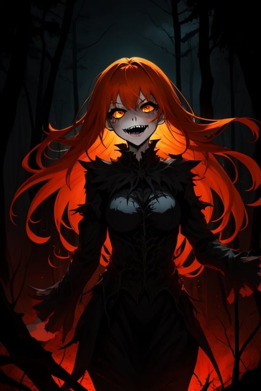 1girl, dark fantasy background terror forest, night, dark sky, orange hair, orange eyes, cute, laughing madly, terror, dark magic