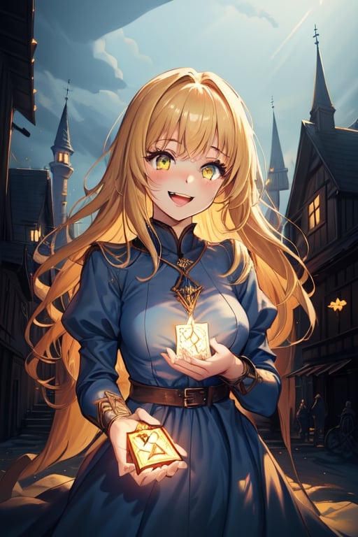 1girl, dark fantasy, blonde hair, yellow eyes, laughing gently
,she wears a tender light blue dress, cute, cute face ,background a light castle and houses from the middle ages, beautiful illuminated light blue sky,terror, dark magic