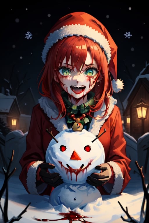 1girl, dark fantasy background terror Snowman draining
blood , night, dark sky, red hair, green eyes, christmas necklace,wear christmas clothes,laughing madly, background are a terror Snowman draining
blood looking at the camera,terror, dark magic, 