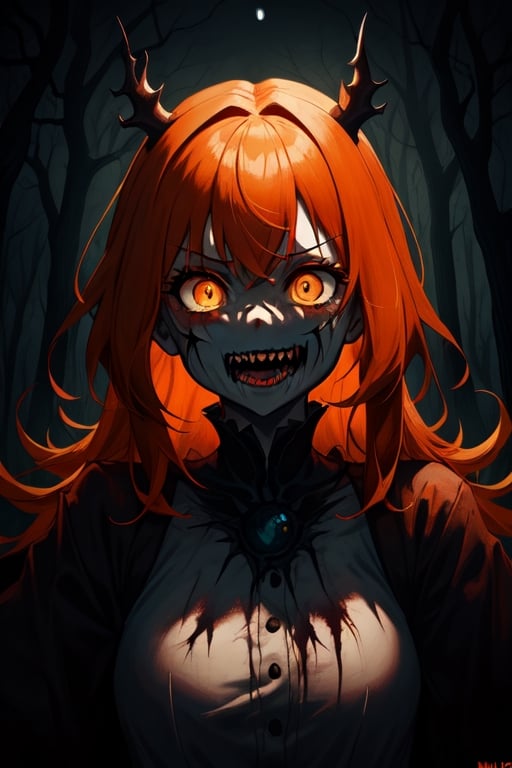 1girl, dark fantasy background terror forest, night, dark sky, orange hair, orange eyes, laughing madly, in the background is a terror 
 Hayao Miyazaki looking at the camera,terror, dark magic