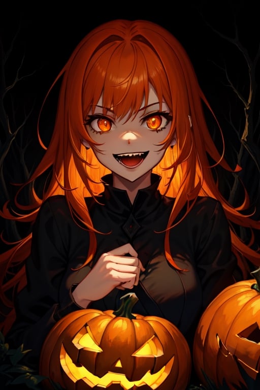 1girl, dark fantasy background terror forest, night, dark sky, orange hair, orange eyes, his face is a pumpkin, laughing madly, terror, dark magic