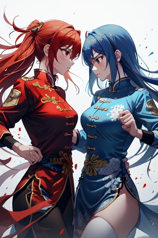 Generate an image of two individuals in a fighting each other other. One individual has blue hair and is dressed blue Chinese Martial Arts Uniform, while the other has red hair wearing red Chinese Martial Arts Uniform. Ensure that the AI accurately depicts a battle scene between the two individuals, clearly showcasing the specified hair and clothing colors for each.