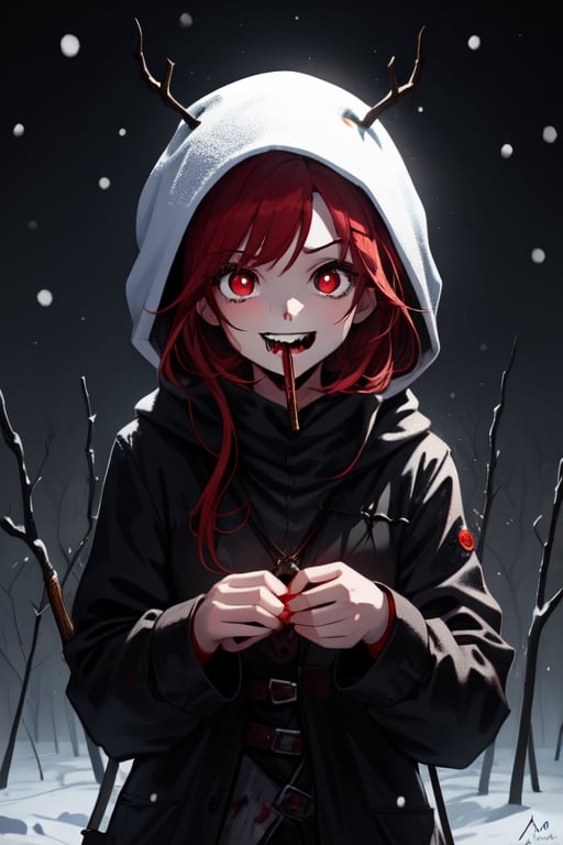 1girl, dark fantasy background terror snow, night, dark sky, red hair, red eyes, cute, laughing little, background are a acaramel stick
looking at the camera,terror, dark magic