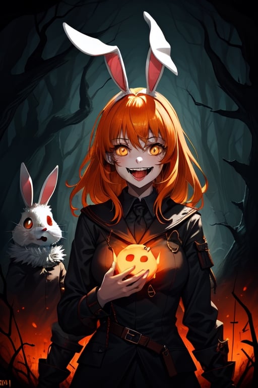 1girl, dark fantasy background terror forest, night, dark sky, orange hair, orange eyes, laughing madly, in the background is a terror bunny looking at the camera,terror, dark magic