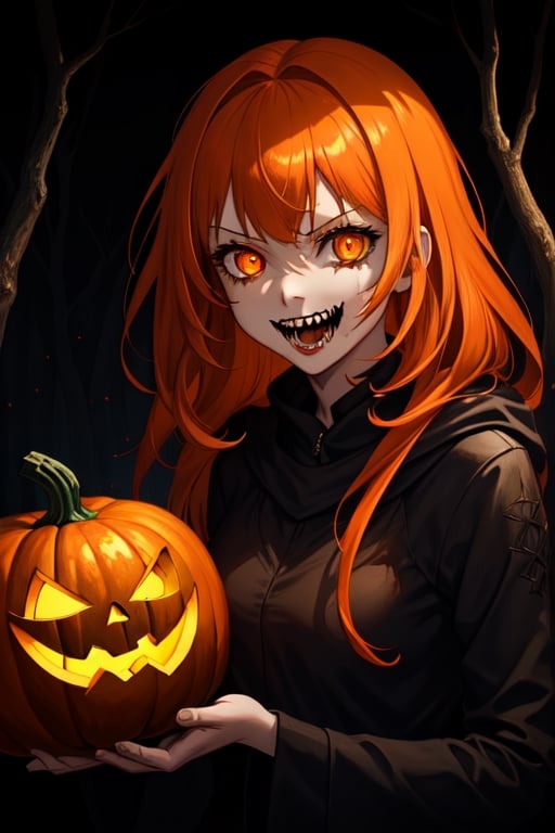 1girl, dark fantasy background terror forest, night, dark sky, orange hair, orange eyes, his face is a pumpkin, laughing madly, terror, dark magic