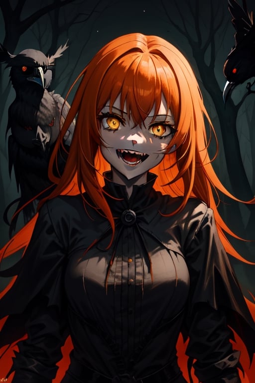 1girl, dark fantasy background terror forest, night, dark sky, orange hair, orange eyes, laughing madly, in the background is a terror crow looking at the camera,terror, dark magic