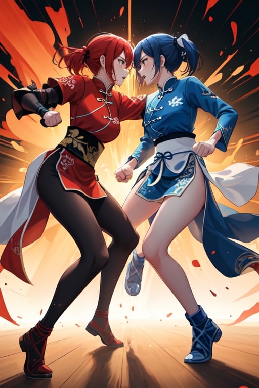 Generate an image of two individuals in a fighting each other other. One individual has blue hair and is dressed blue Chinese Martial Arts Uniform, while the other has red hair wearing red Chinese Martial Arts Uniform. Ensure that the AI accurately depicts a fighting scene between the two individuals, clearly showcasing the specified hair and clothing colors for each, (the two individuals they are hitting each other), {full body, fighting, hitting, battle}, two individuals are girls, two individuals are woman, two individuals are fighting each other, two individuals are punch each other