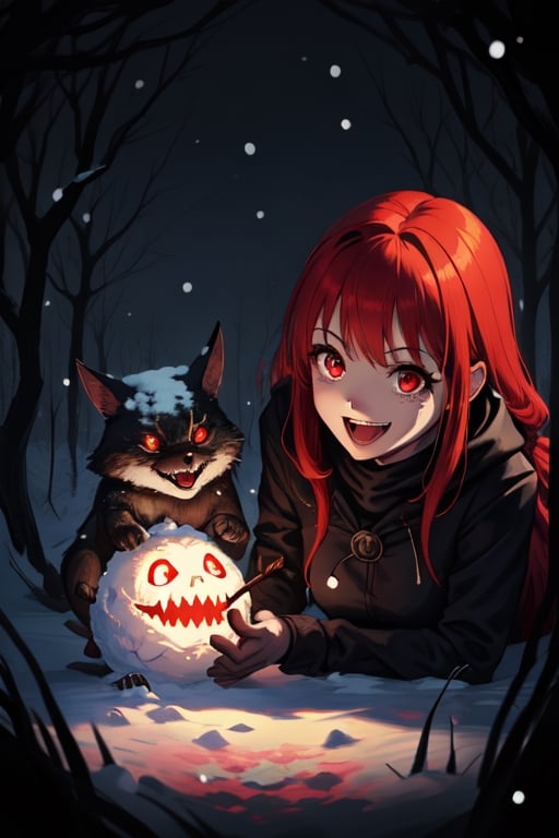 1girl, dark fantasy background terror snow, night, dark sky, red hair, red eyes, cute, laughing little, in the background is acaramel stick
looking at the camera,terror, dark magic