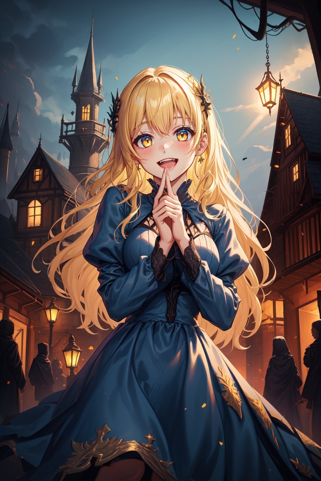 1girl, dark fantasy, blonde hair, yellow eyes, laughing gently
,she wears a tender light blue dress, cute, cute face ,background a light castle and houses from the middle ages, beautiful illuminated light blue sky,terror, dark magic