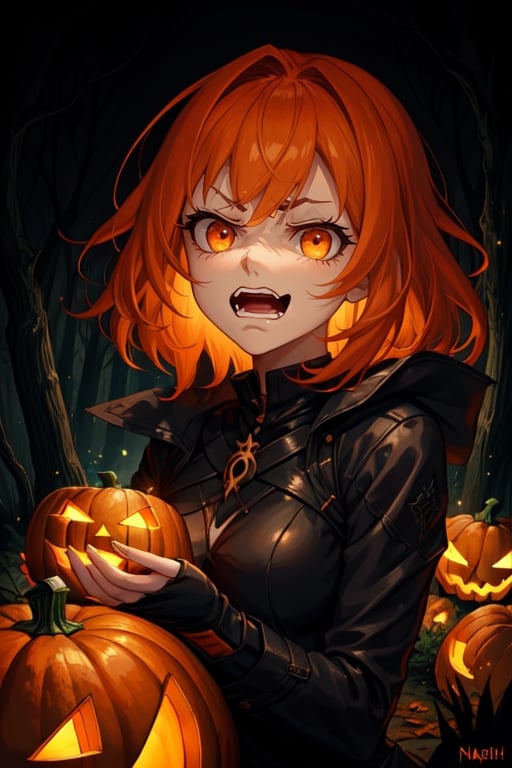 1girl, dark fantasy background terror forest, night, dark sky, orange hair, orange eyes, his face is a pumpkin, laughing madly, terror, dark magic