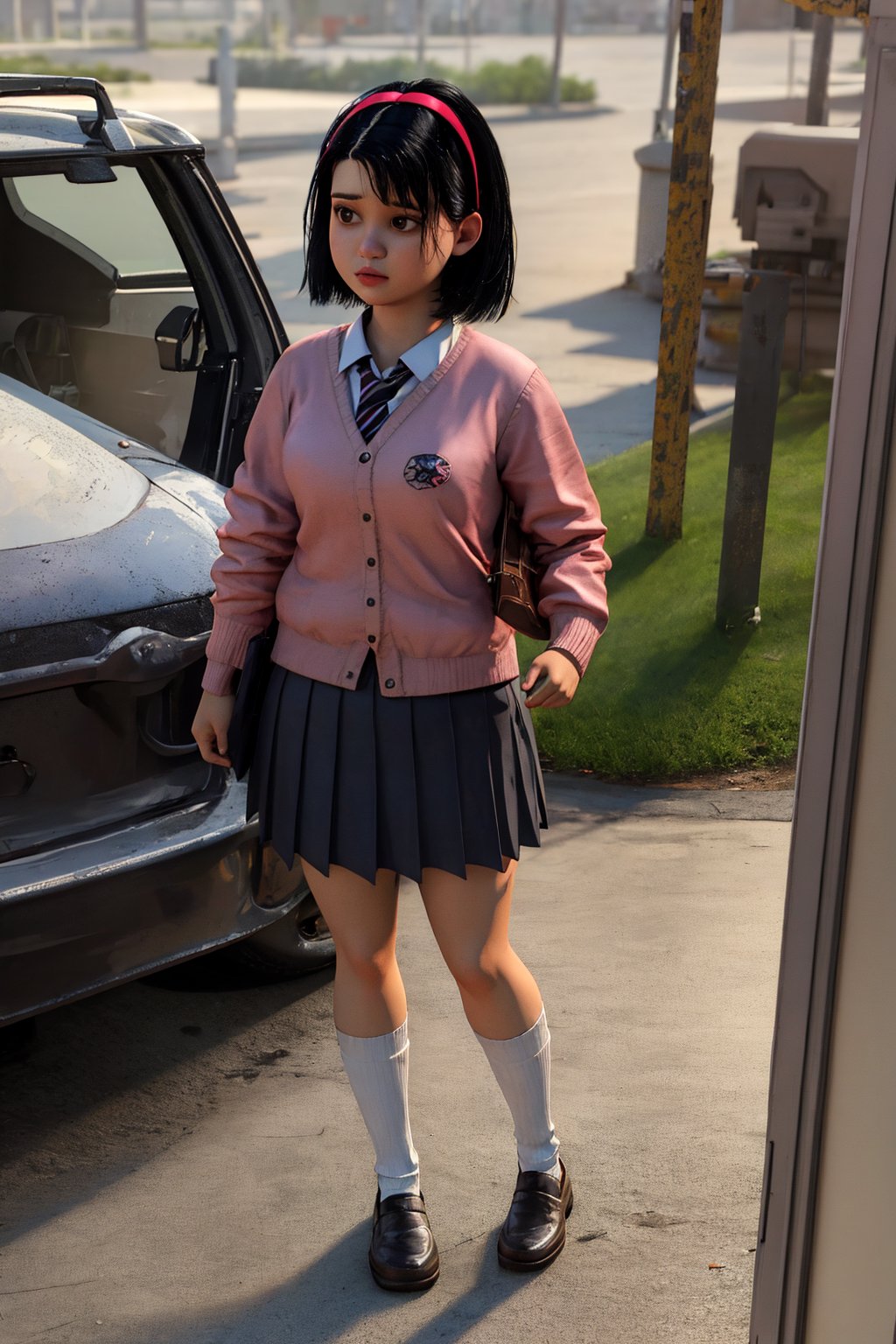 sammy, 1girl, solo, short-hair, black-hair, (hairband), 18 years old, school_uniform, knit cardigan, gray skirt, red tie, loose socks, masterpiece, high quality, realistic