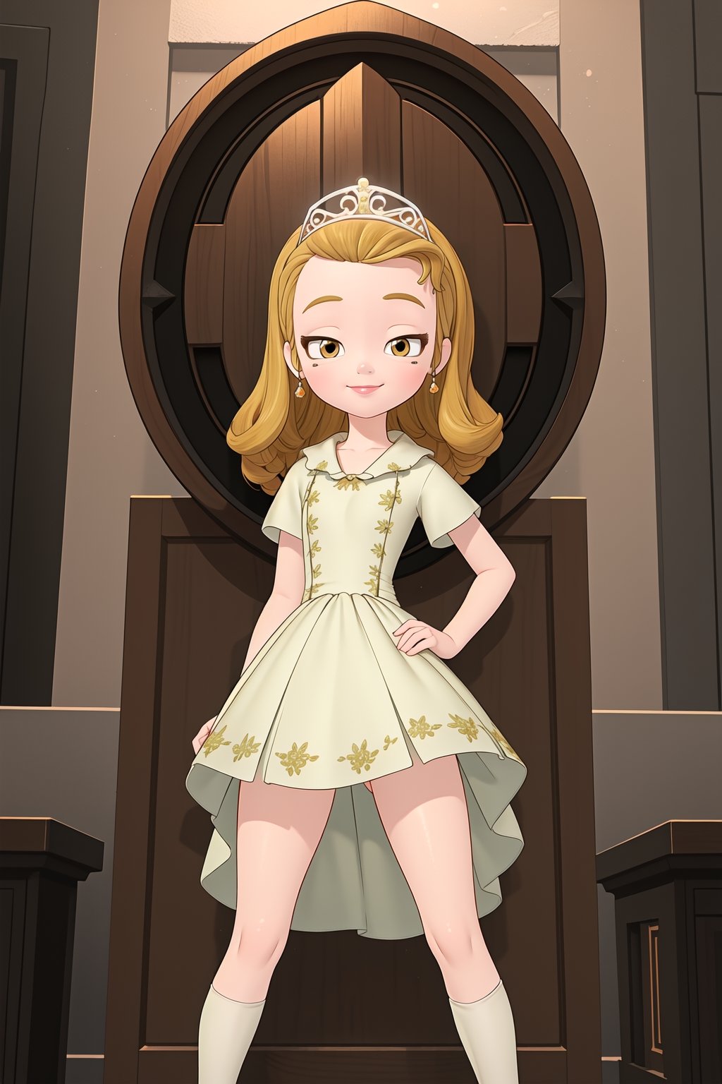 (masterpiece, high quality, realistic, detailed:1.3), princess amber, (short dress, skin tight:1.1), bare legs, thick thighs, wide hips, narrow waist, from below, legs_apart, looking down, looking at viewer, smirk, mesugaki, smug,loli,princess amber