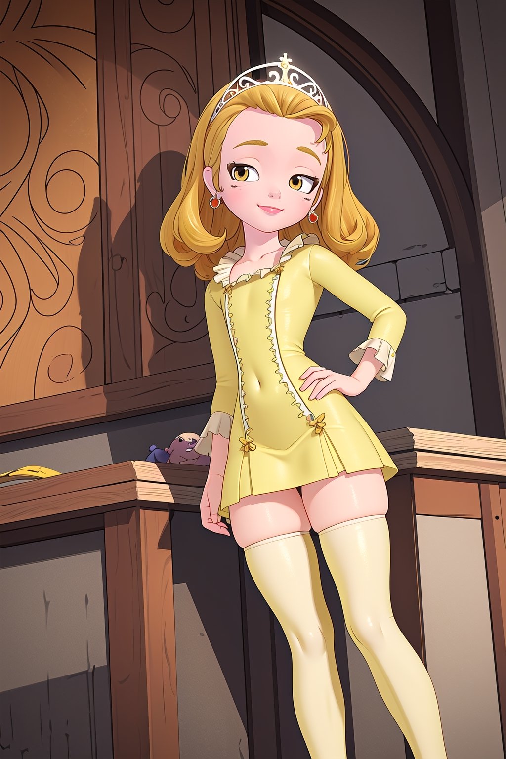 (masterpiece, high quality, realistic, detailed:1.3), princess amber, (short dress, skin tight:1.1), bare legs, thick thighs, wide hips, narrow waist, from below, legs_apart, looking down, looking at viewer, smirk, mesugaki, smug,loli,princess amber