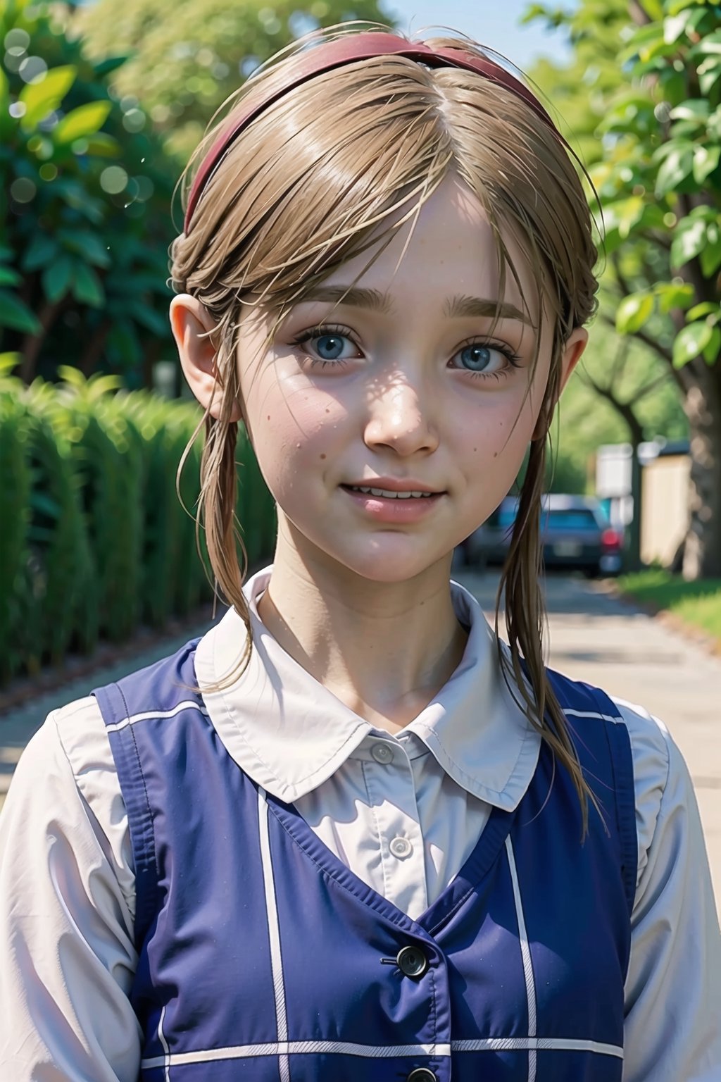 portrait, sherry birkin, smile, looking at viewer, female child, white shirt, blue plaid vest